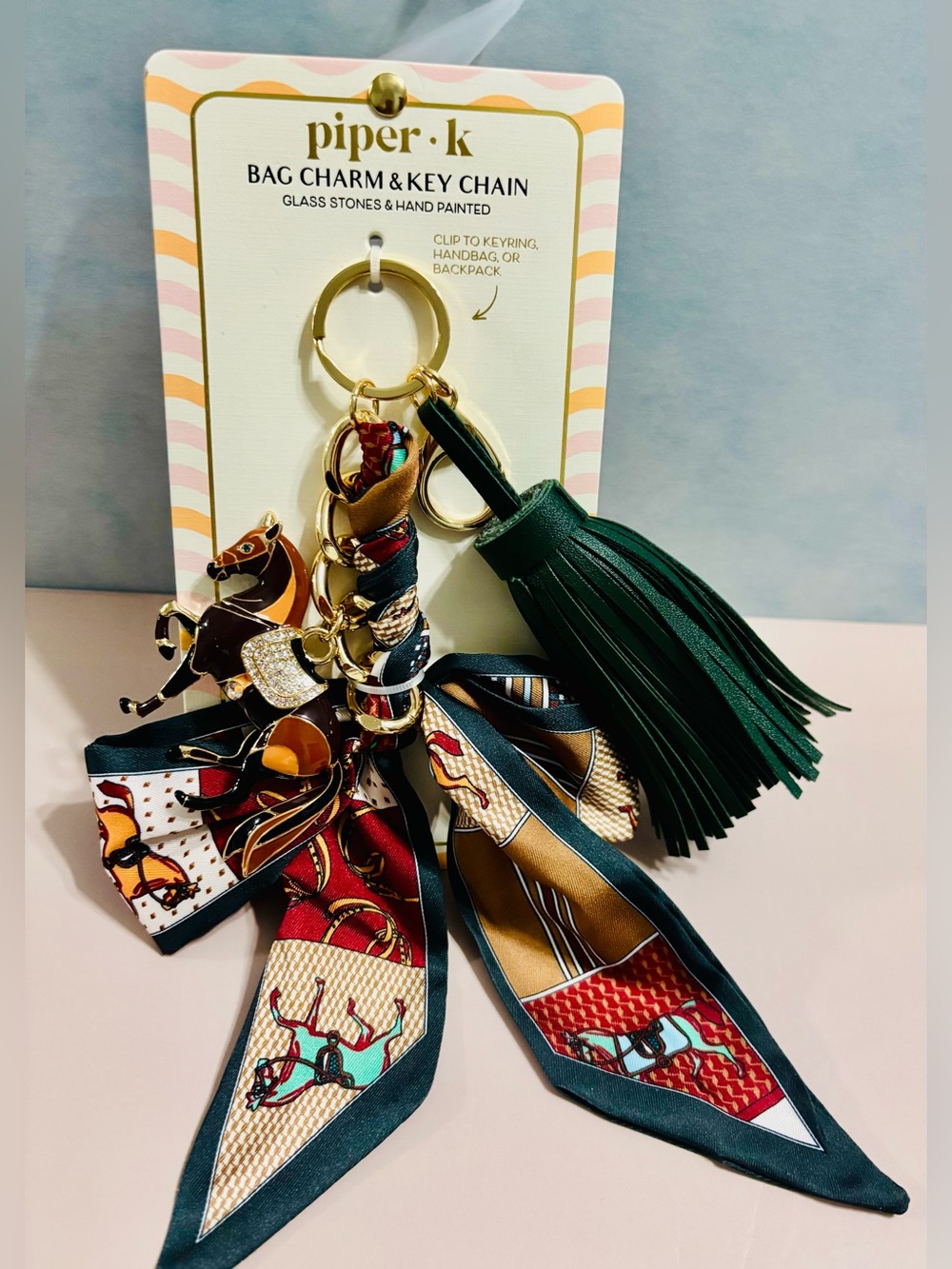 Piper•K Dark Green Tassel & Multi-Color Scarf Horse Keychain